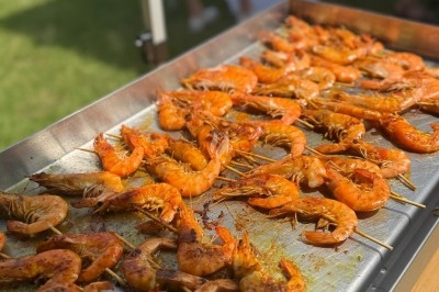 Miniature Traiteur Leers (Nord) - Tendance et Fraicheur Traiteur #18 Brochettes de viande et légumes grillant sur un barbecue en plein air, avec une fontaine et un jardin en arrière-plan.