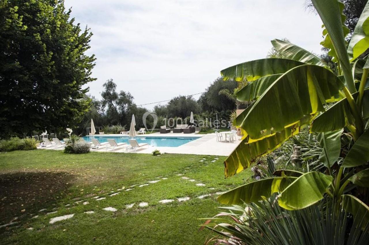 Jardin avec piscine entourée de chaises longues, parasols et végétation luxuriante, incluant un bananier au premier plan.