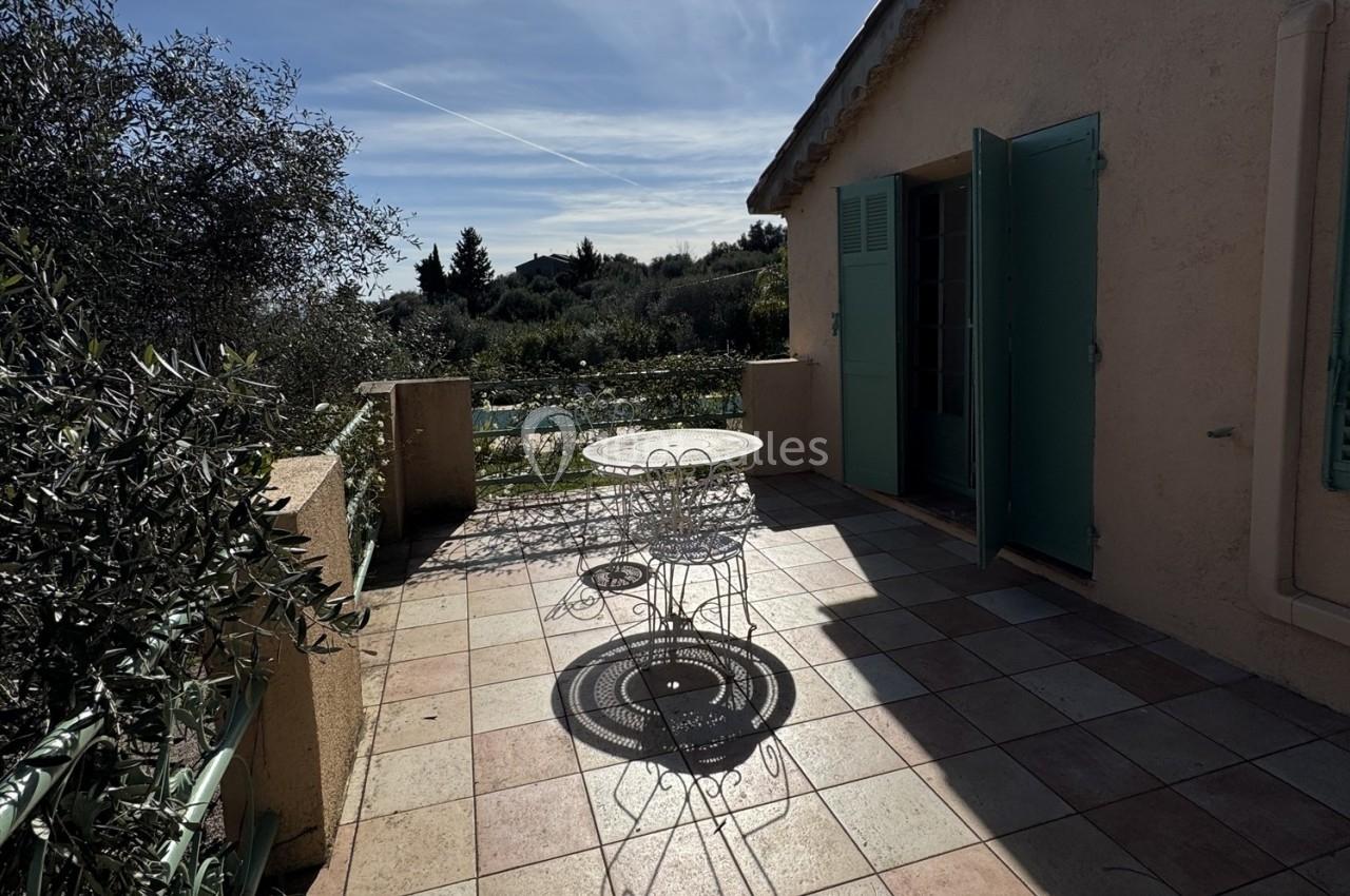 Terrasse ensoleillée avec table et chaises en fer forgé, entourée d'oliviers et jouxtant une maison aux volets verts.