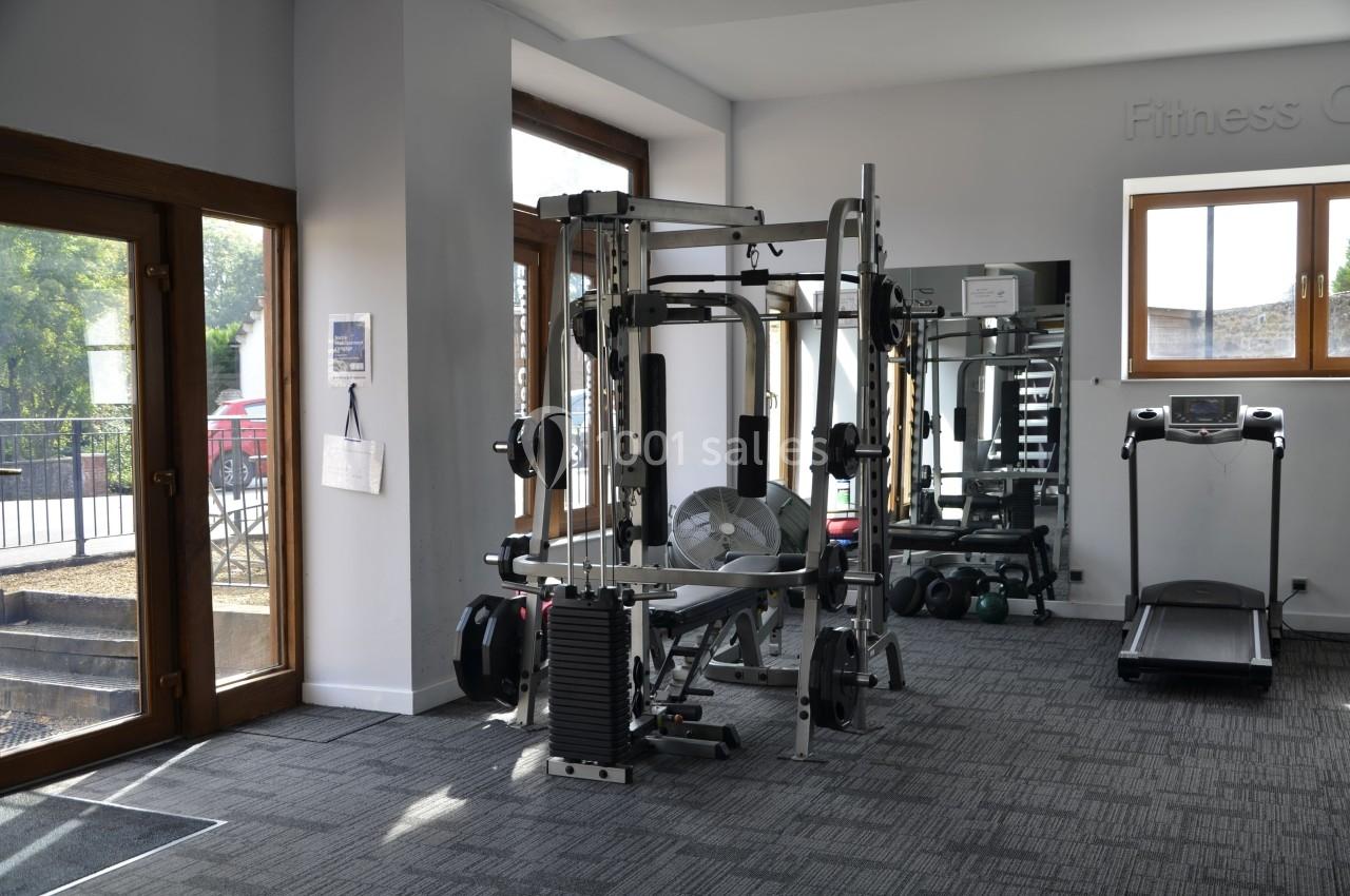 Salle de sport avec machine de musculation, tapis de course, miroirs et fenêtres laissant entrer la lumière naturelle.