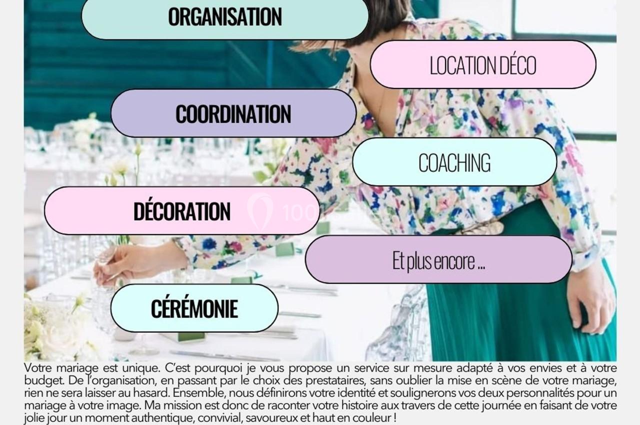 Une femme en tenue élégante ajuste une table décorée pour un mariage, avec des étiquettes indiquant divers services proposés.