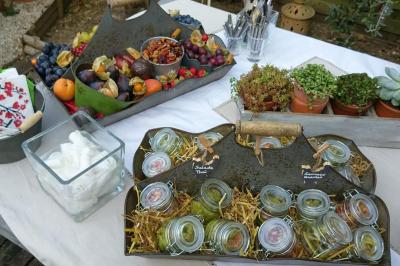 Assortiment de bouchées apéritives variées, incluant sushis, toasts et mini-brochettes, présenté sur un plateau.