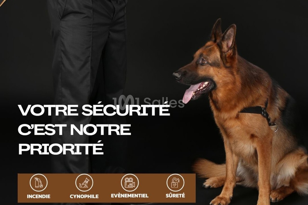 Un berger allemand assis, équipé d'un harnais, aux côtés d'une personne en tenue noire sur fond sombre.