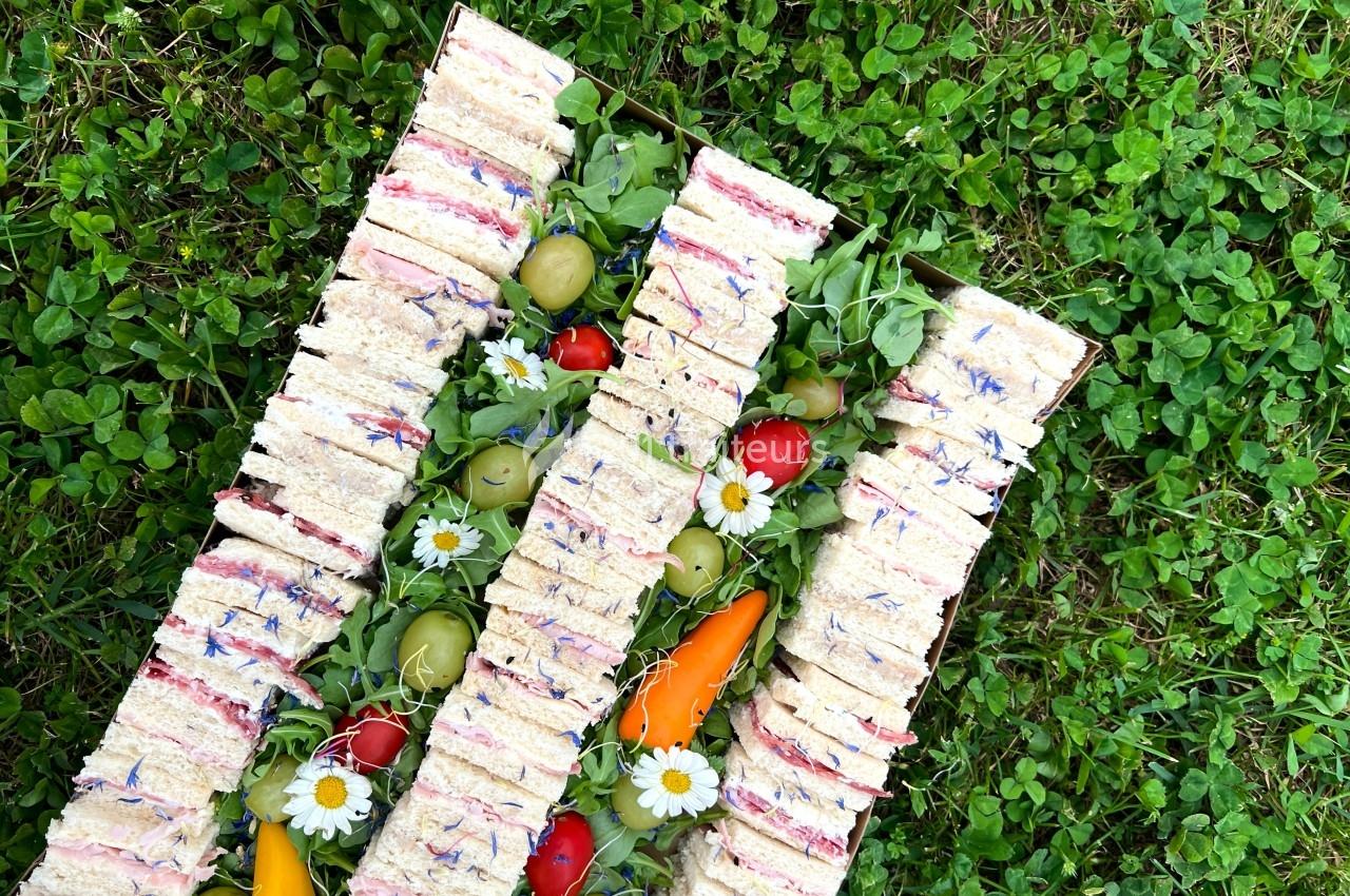 Plateau de sandwichs garnis de crudités, fleurs comestibles et olives, disposé sur une pelouse verte.