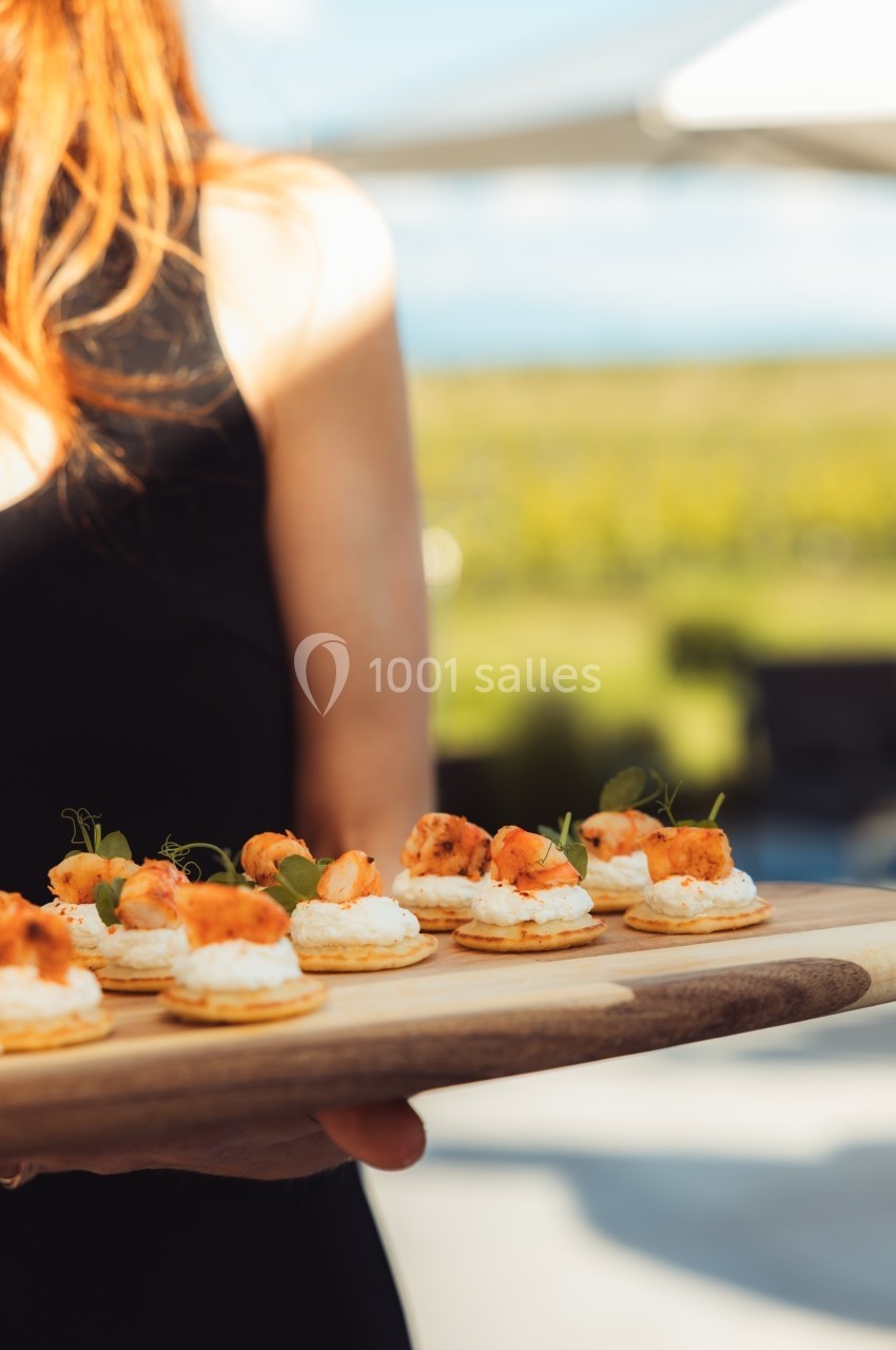 Plateau de canapés garnis de crevettes et crème, tenu par une personne en robe noire dans un cadre extérieur ensoleillé.