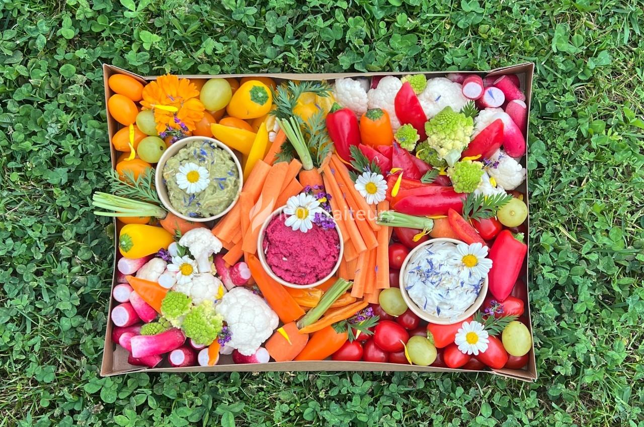 Plateau coloré de légumes frais (carottes, radis, poivrons) avec trois bols de dips, posé sur de l'herbe verte.