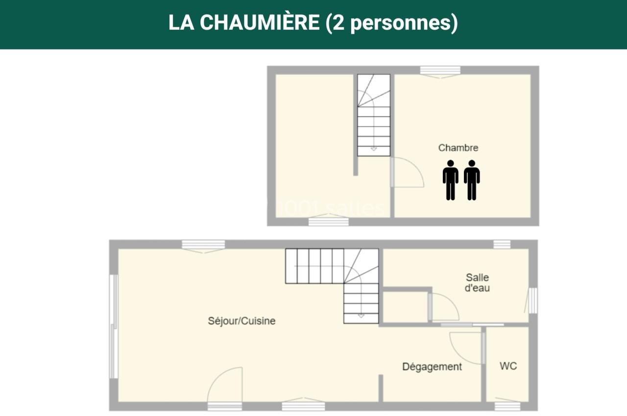 Plan de la maison ’La Chaumière’ pour 2 personnes, avec séjour/cuisine, chambre, salle d'eau et WC répartis sur deux niveaux.
