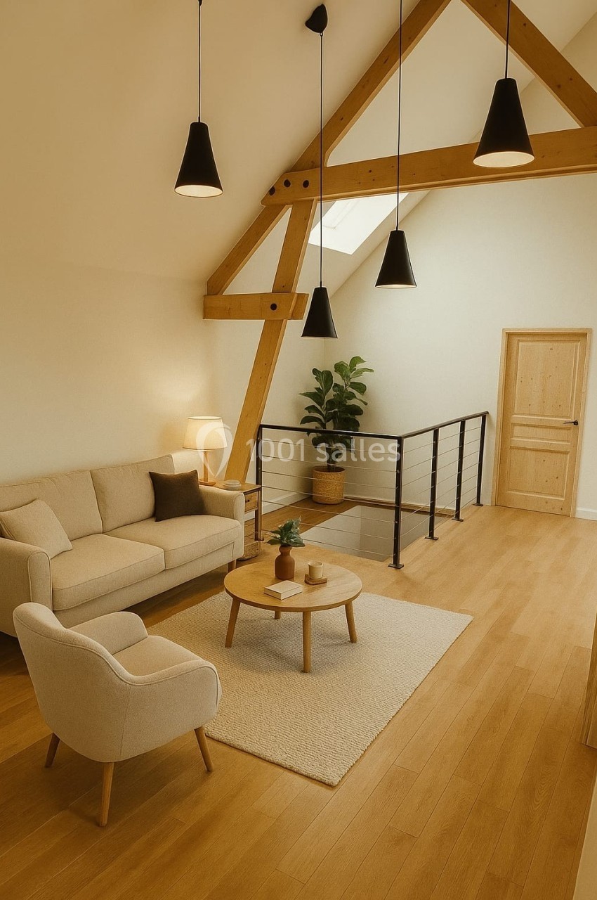 Salon lumineux avec poutres apparentes, canapé beige, fauteuil, table basse en bois, plante verte et éclairage suspendu.