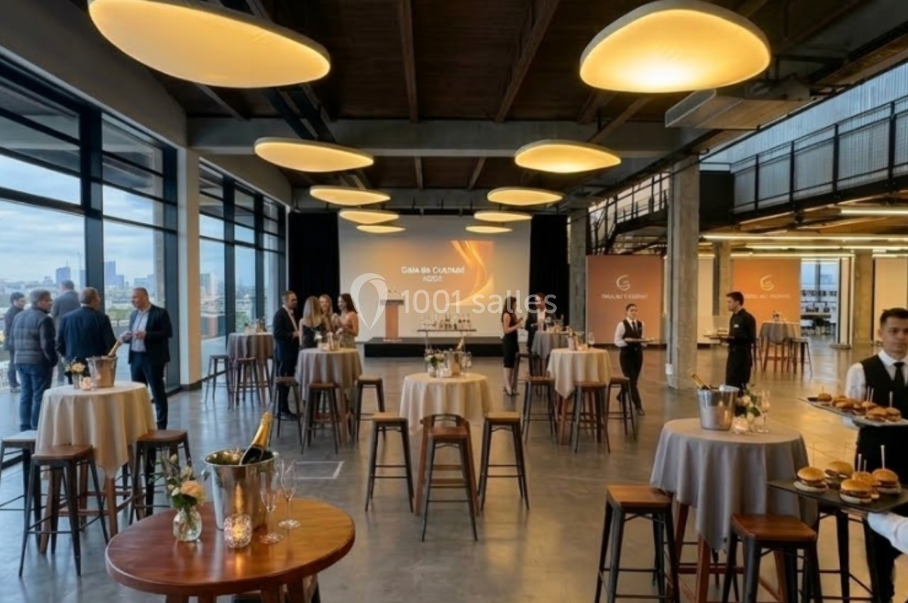 Salle moderne aménagée pour un événement, avec tables hautes, buffet et invités discutant debout.