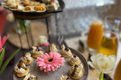 Plateau de bouchées apéritives garnies de mousse rose et décorées de feuilles de persil, disposées sur une grille.