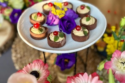 Plateau de bouchées apéritives garnies de mousse rose et décorées de feuilles de persil, disposées sur une grille.