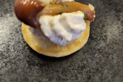 Plateau de bouchées apéritives garnies de mousse rose et décorées de feuilles de persil, disposées sur une grille.