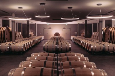 Vue aérienne d'une terrasse animée entourée de vignes au coucher du soleil, avec des invités profitant du cadre.