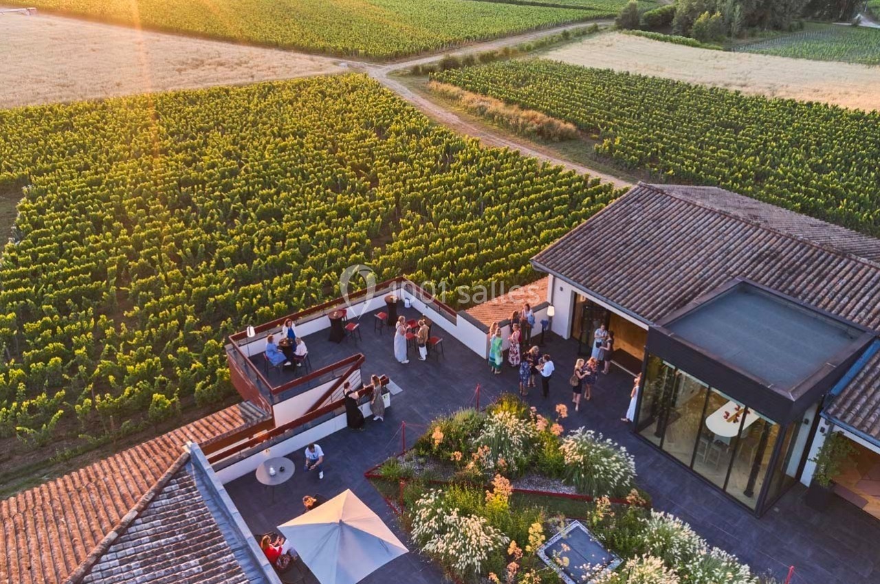 Vue aérienne d'une terrasse animée entourée de vignes au coucher du soleil, avec des invités profitant du cadre.
