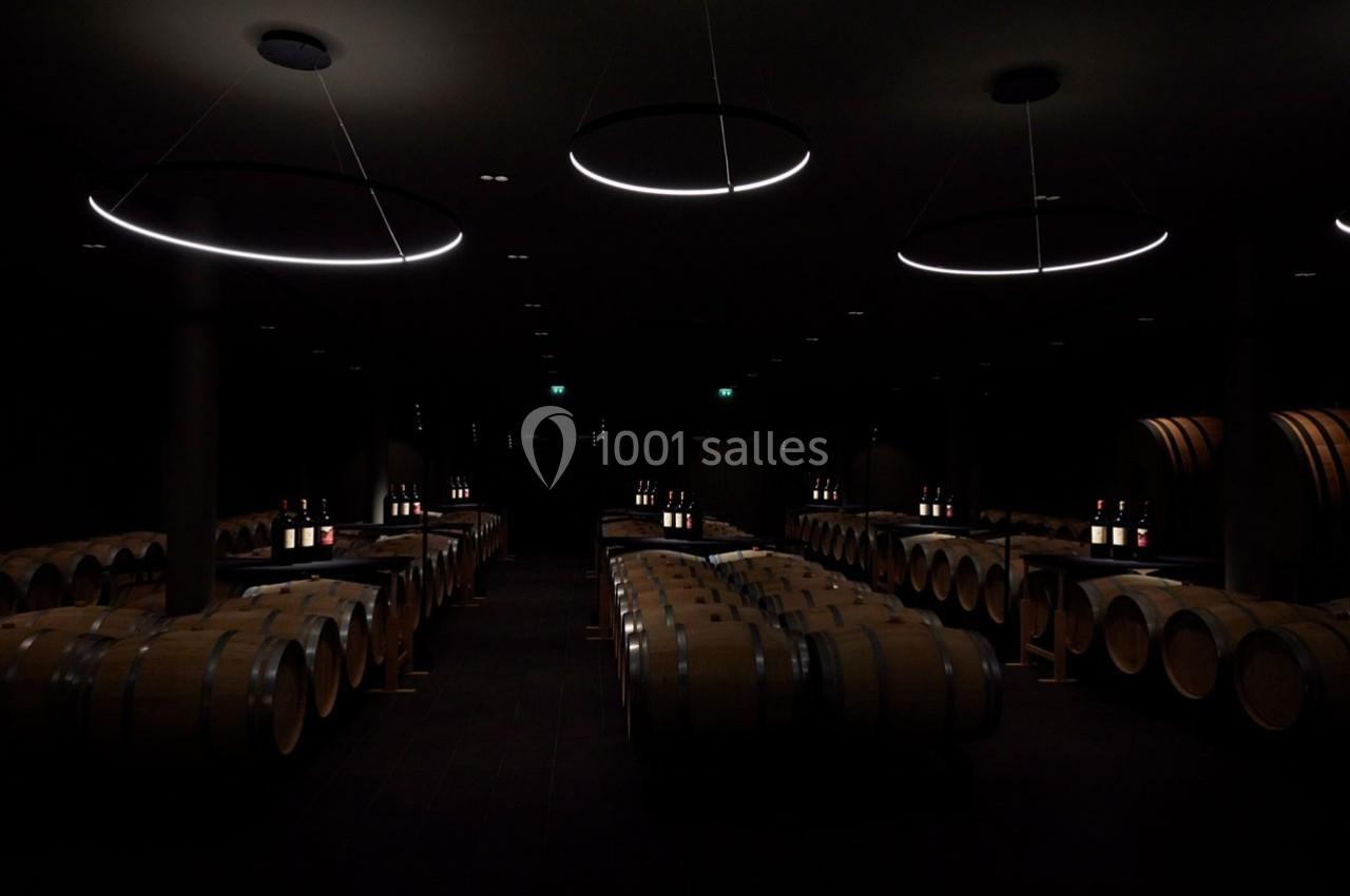 Salle sombre avec des tonneaux alignés et des bouteilles de vin éclairées par des lumières circulaires suspendues.