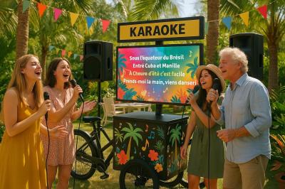 Une DJ joue de la musique sur une scène mobile montée sur un vélo, dans une cour extérieure.