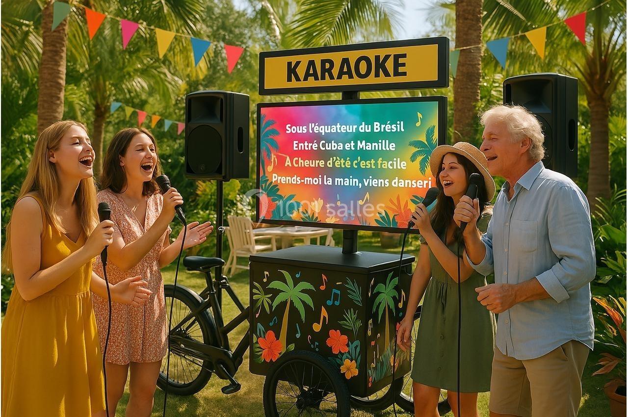 Quatre personnes chantent au karaoké en plein air, entourées de décorations colorées et de végétation tropicale.