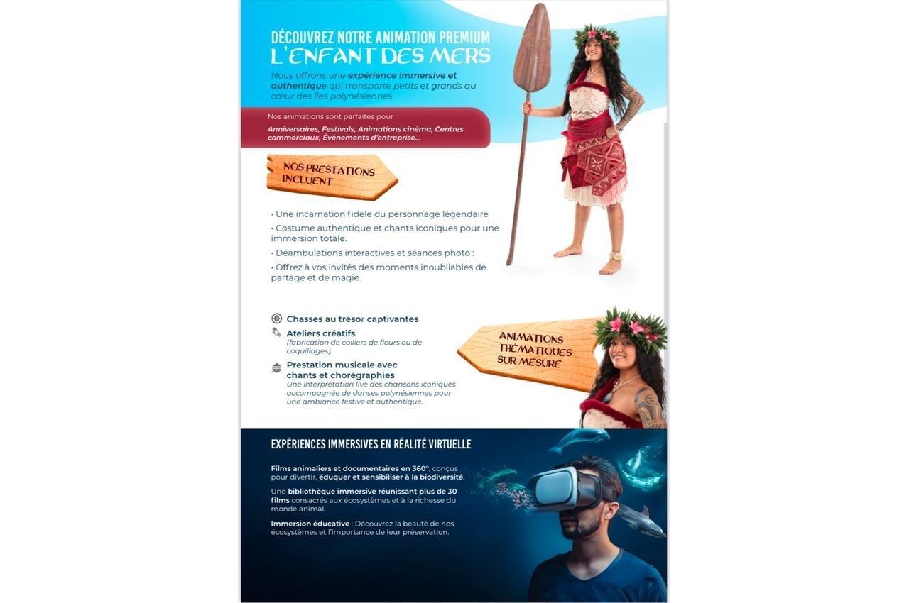 Une femme en tenue traditionnelle polynésienne tenant une rame, accompagnée d'informations sur une animation immersive.