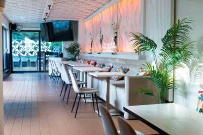 Assortiment de plats variés sur une table, incluant légumes, tartines, salade et entrées colorées.