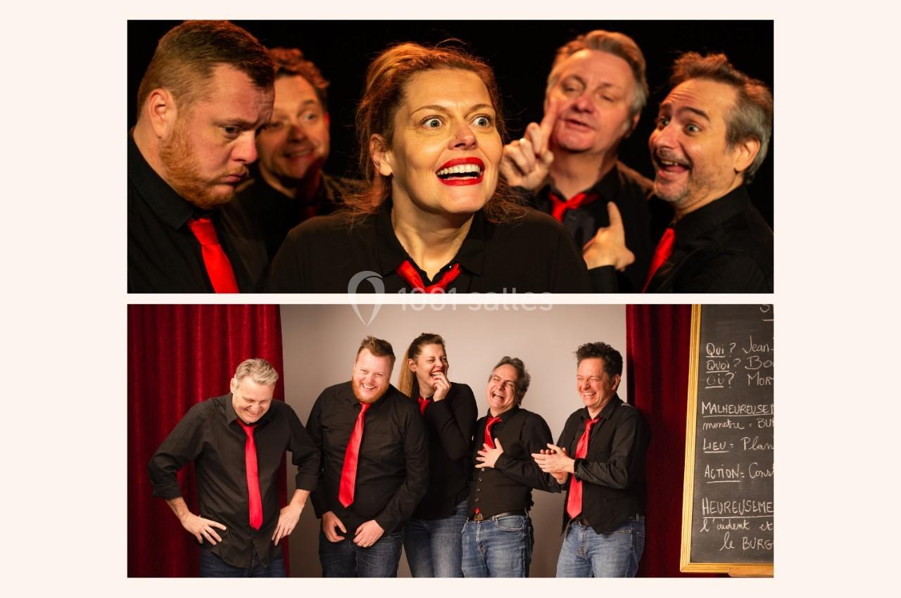 Photo 1 : Groupe de comédiens en chemises noires et cravates rouges, exprimant des émotions exagérées sur scène. Photo 2…