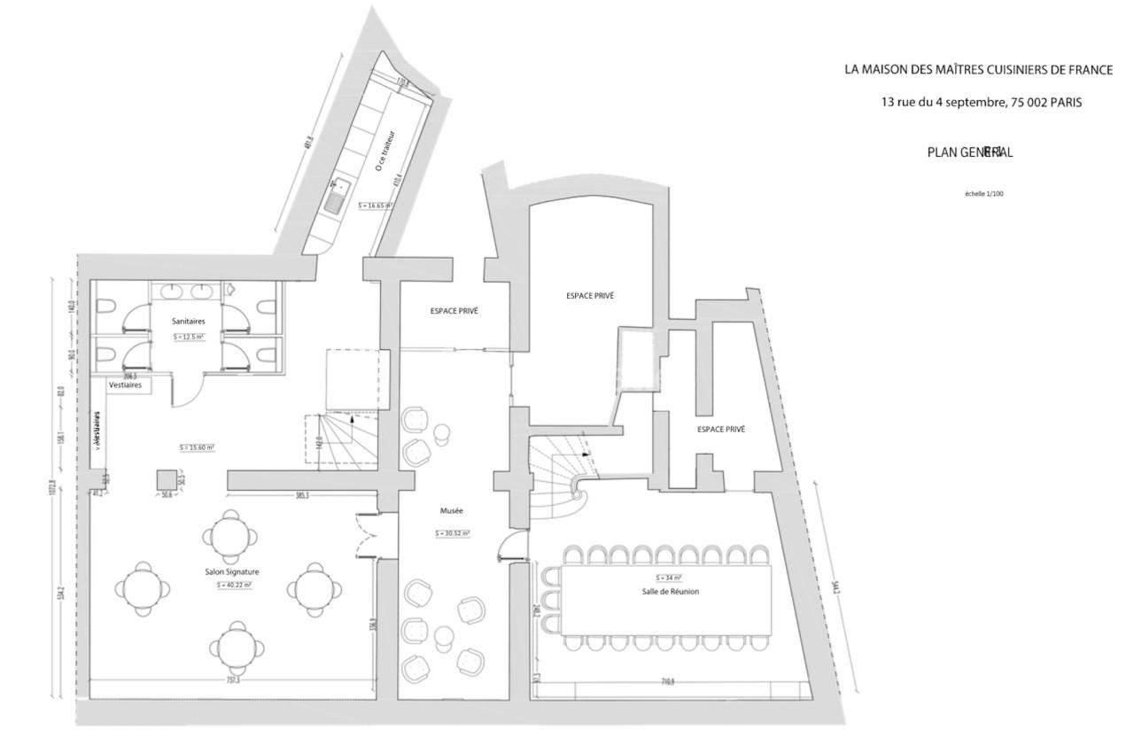 Plan architectural détaillé des espaces intérieurs de La Maison des Maîtres Cuisiniers de France à Paris.