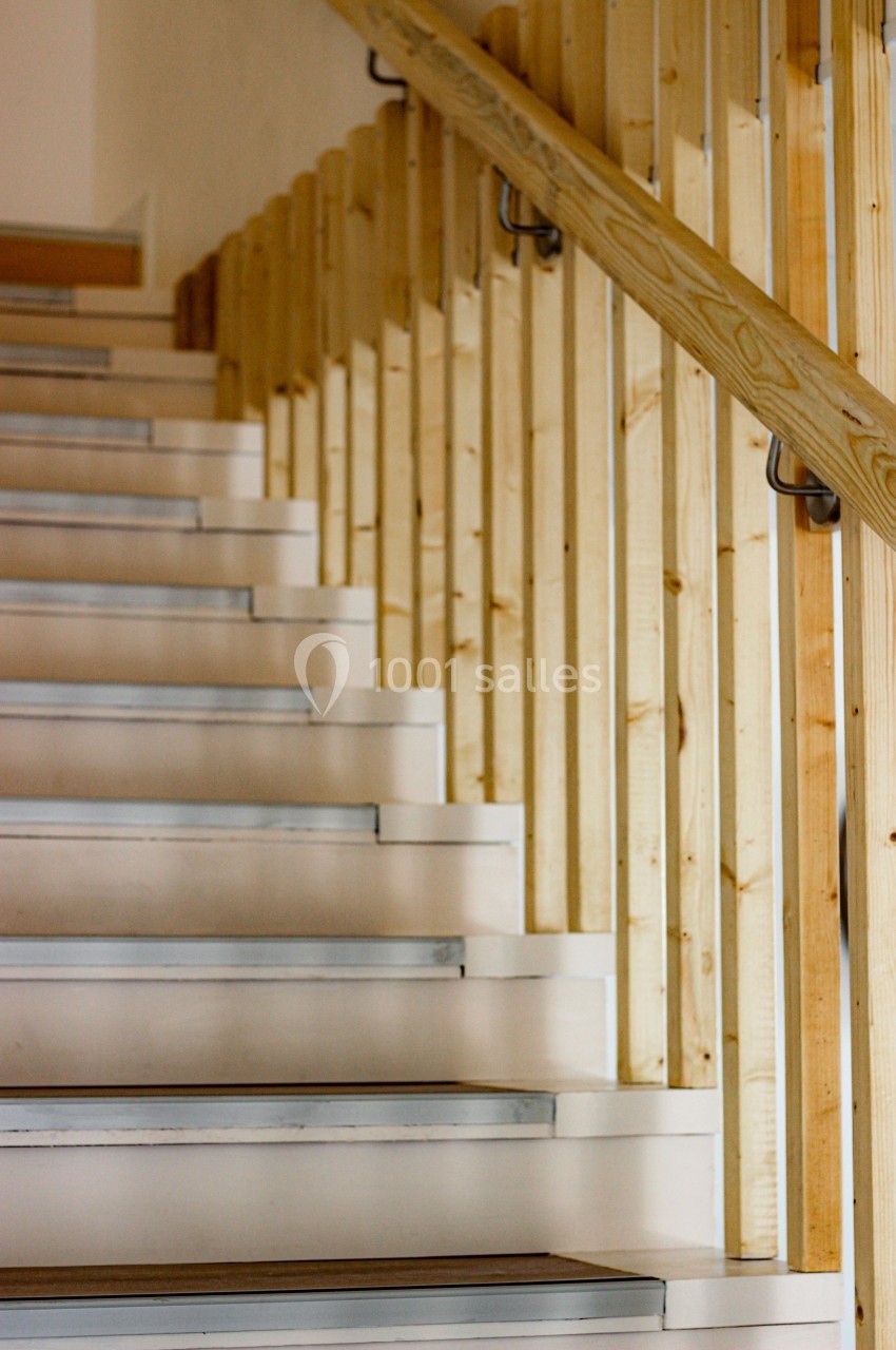 Escalier intérieur en bois avec rampe et contremarches blanches, éclairé par une lumière naturelle.