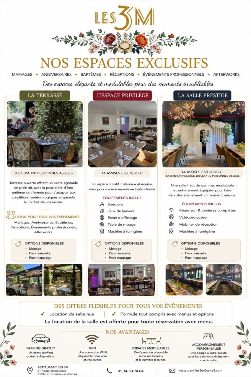 Affiche présentant les espaces modulables d'un restaurant pour divers événements, avec descriptions et photos des salles.