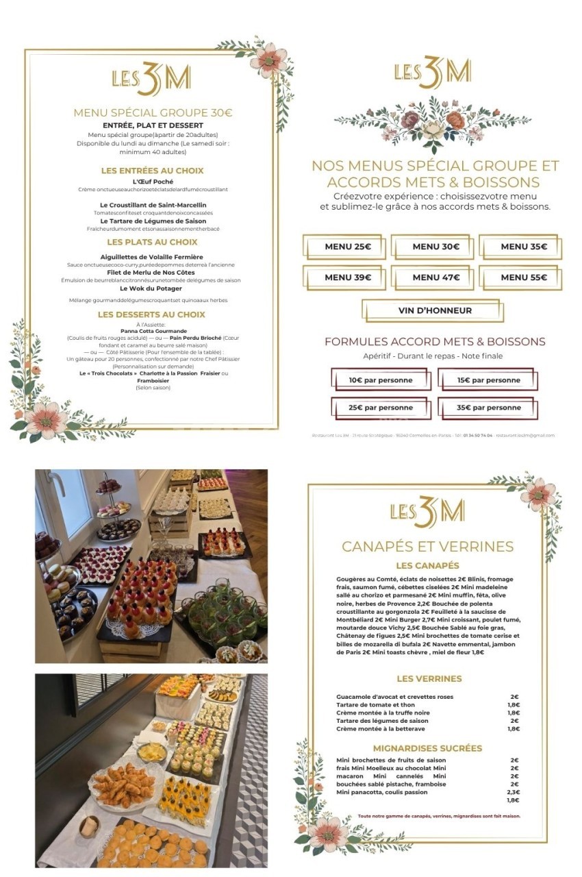 Menu de restaurant avec options pour groupes, assortiments de canapés, verrines et desserts présentés sur une table.