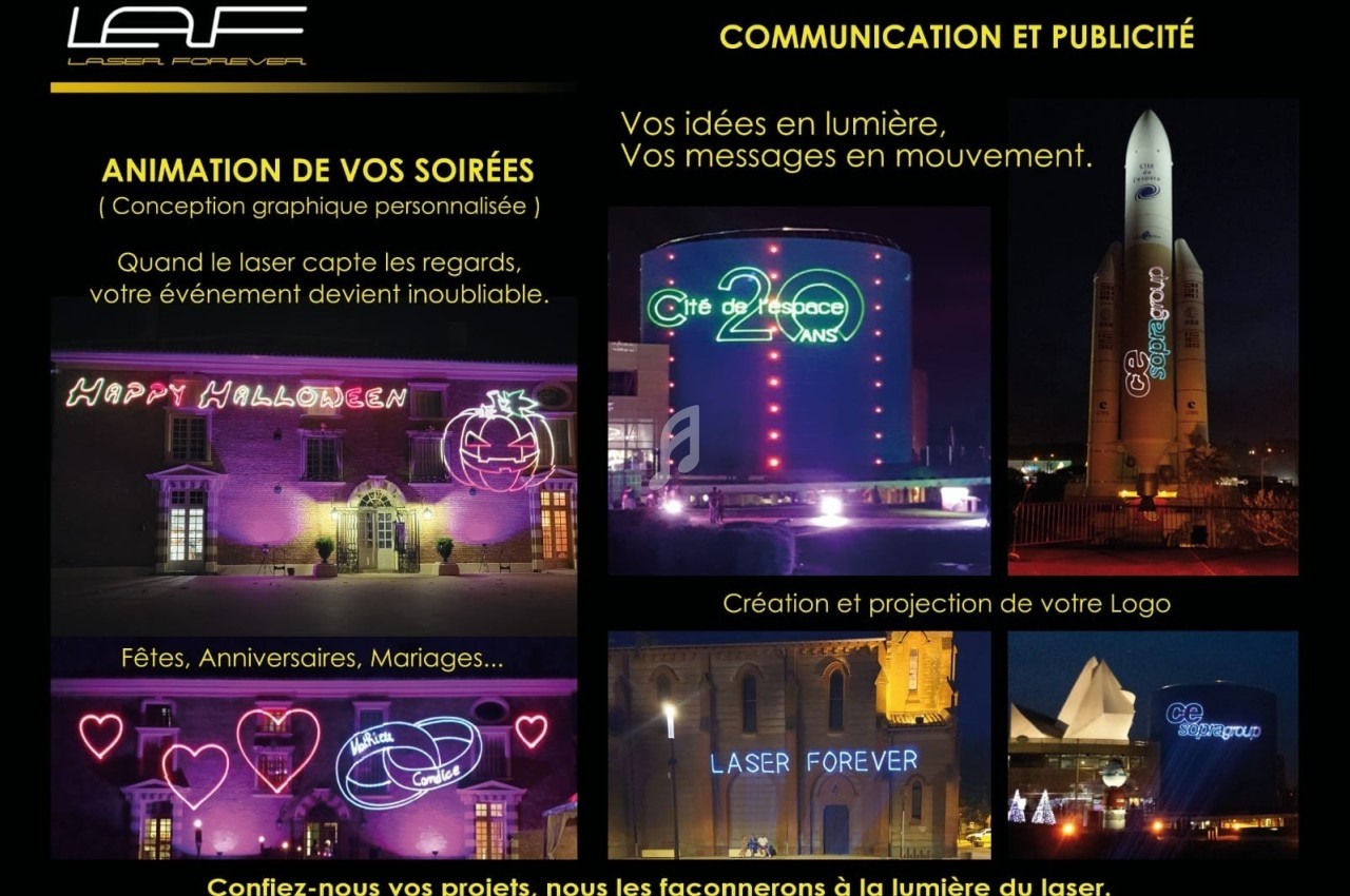 Visuel présentant des projections lumineuses personnalisées pour événements, incluant logos, messages et animations festives.