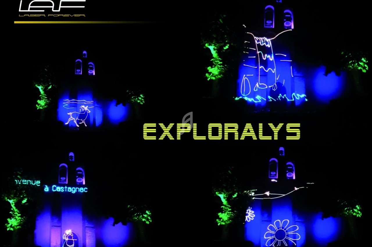 Spectacle lumineux avec des animations colorées projetées sur un mur, représentant des scènes et motifs variés.