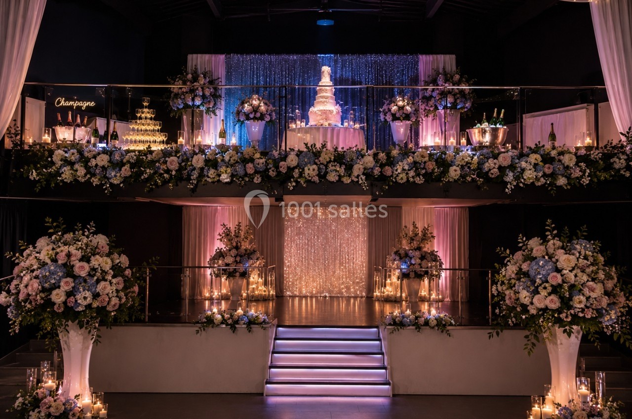 Salle de réception décorée avec des fleurs, un éclairage tamisé et un gâteau de mariage illuminé sur une estrade.
