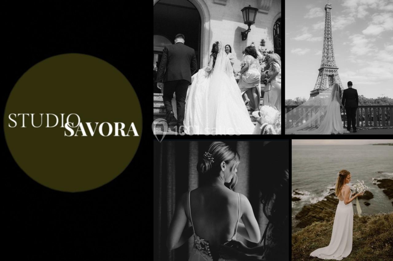 Photographies de mariage en noir et blanc et en couleur, incluant des mariés, la Tour Eiffel et un paysage côtier.