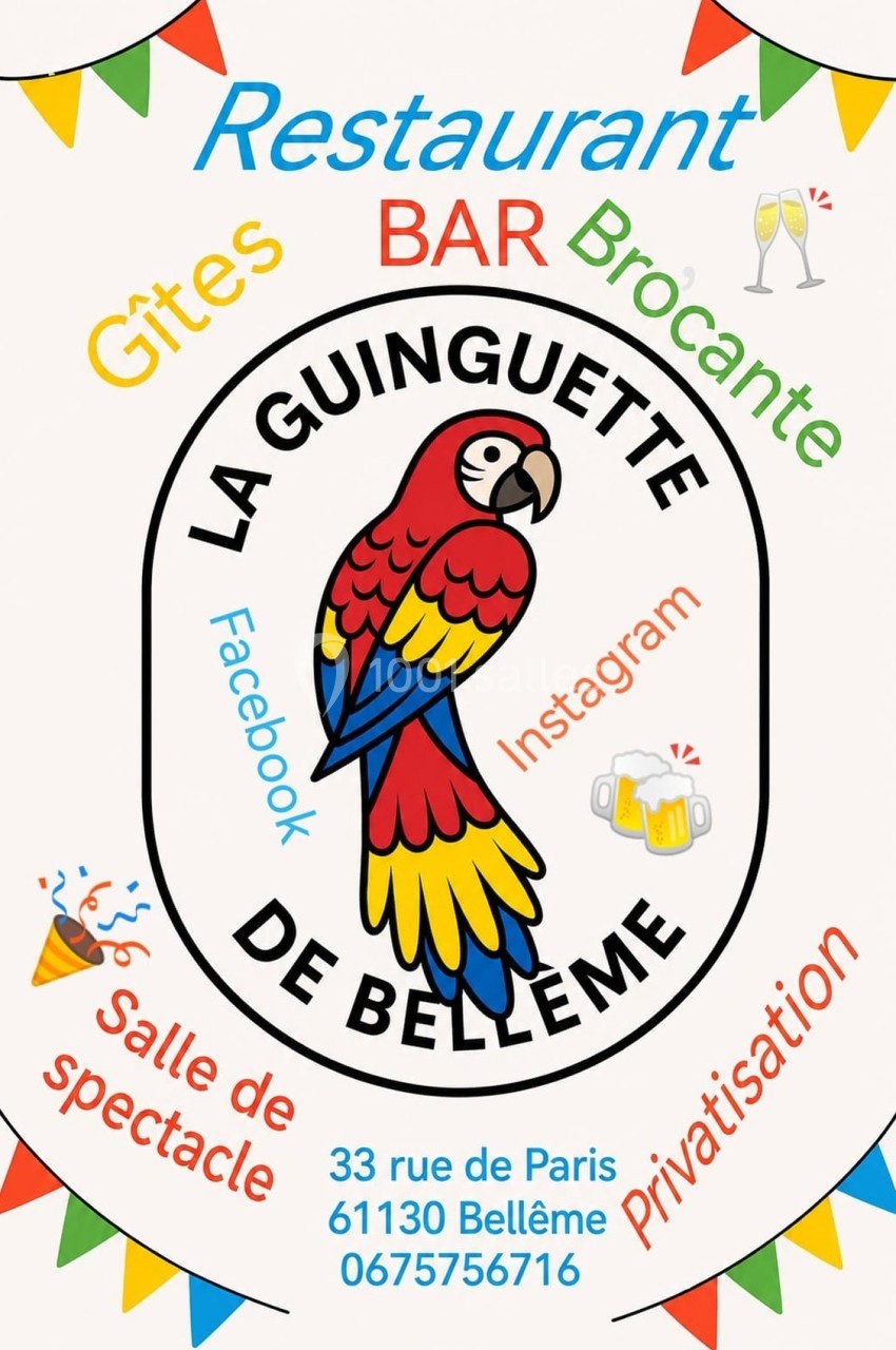 Illustration d'un perroquet coloré entouré de mots-clés liés à un restaurant et ses services, avec coordonnées incluses.
