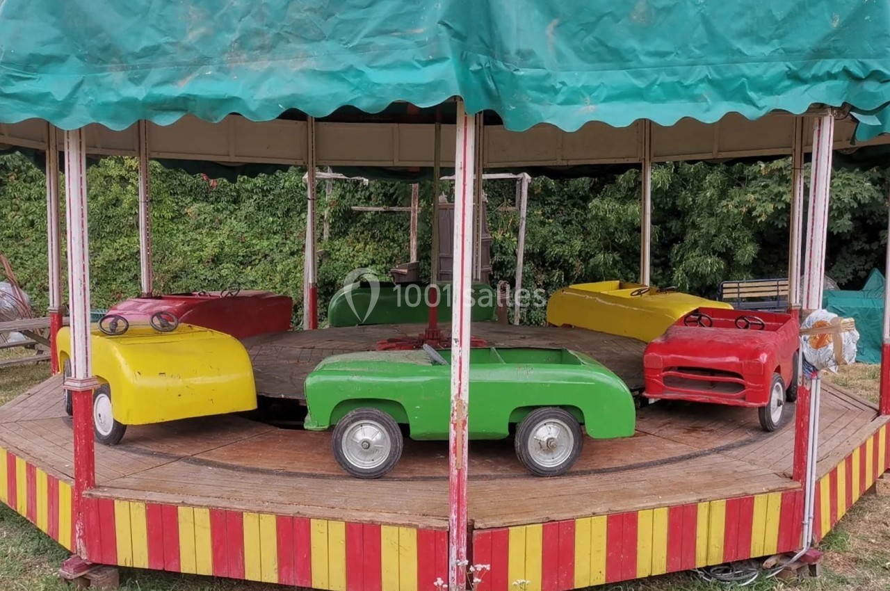Manège pour enfants avec petites voitures colorées sous un auvent vert, installé sur une pelouse.