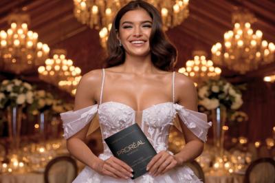 Miniature Proréal #3 Femme en robe de mariée posant près d'albums photo élégants, entourée de bijoux et d'un décor raffiné.