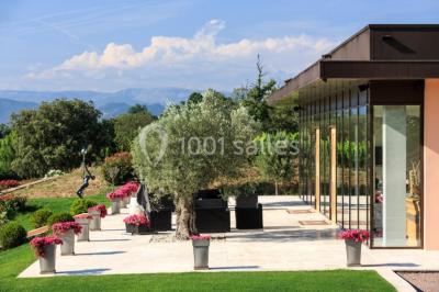 Miniature Location salle Roquebrune-sur-Argens (Var) - Château Vaudois #4 Allée rouge menant à une cérémonie en plein air, entourée de chaises blanches et de jardins verdoyants.