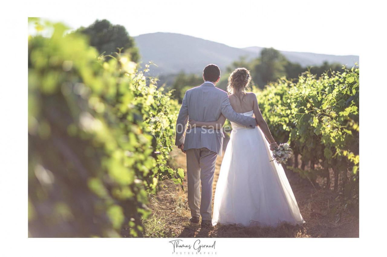 Un couple en tenue de mariage marche entre des rangées de vignes sous une lumière douce et naturelle.