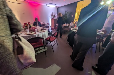 Un Père Noël décoratif près d'un sapin orné de boules argentées et de guirlandes rouges, dans un décor festif.