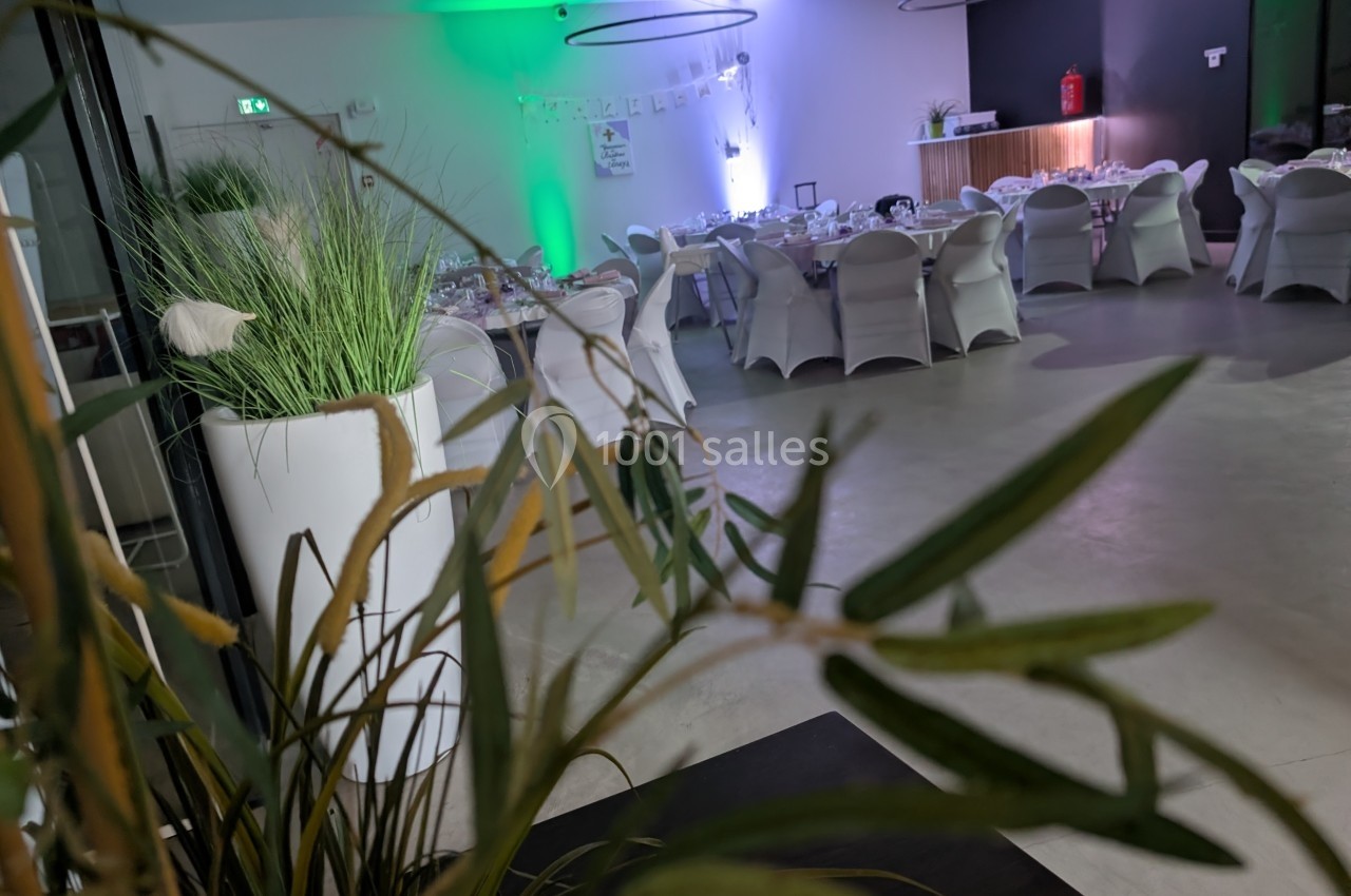 Salle de réception décorée avec des tables dressées, des chaises blanches et des plantes en premier plan.