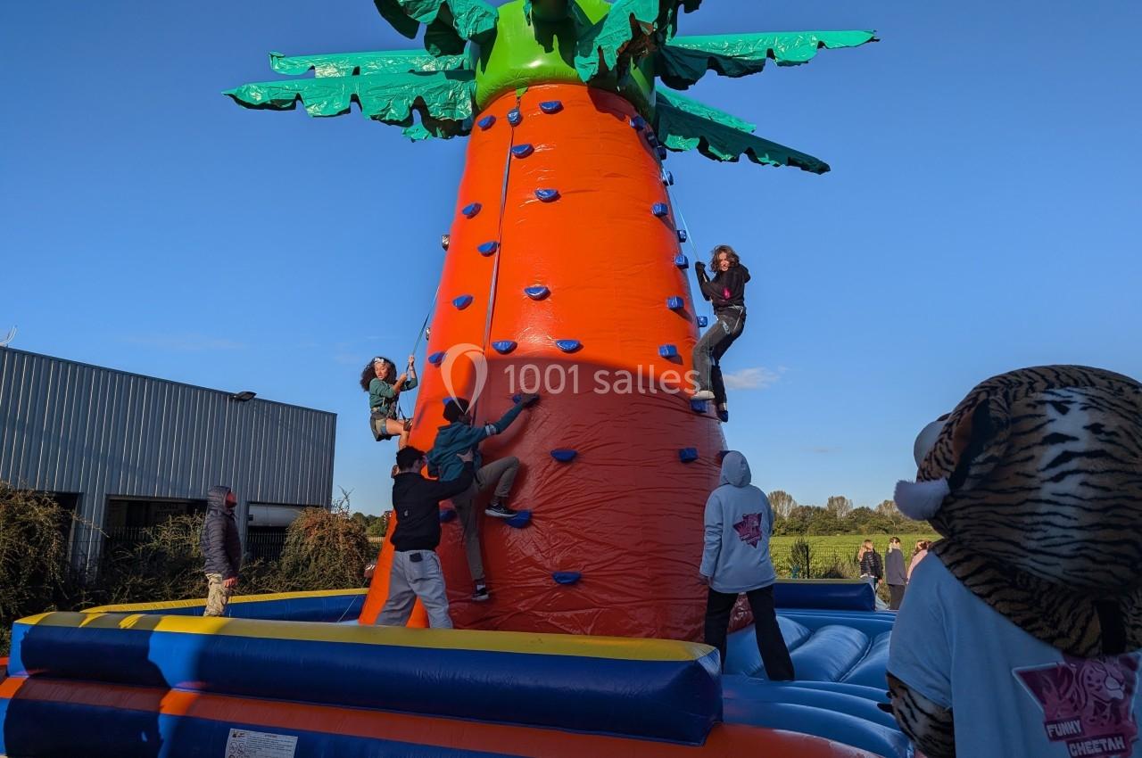 Des enfants grimpent sur une structure gonflable en forme de palmier lors d'une activité en plein air.