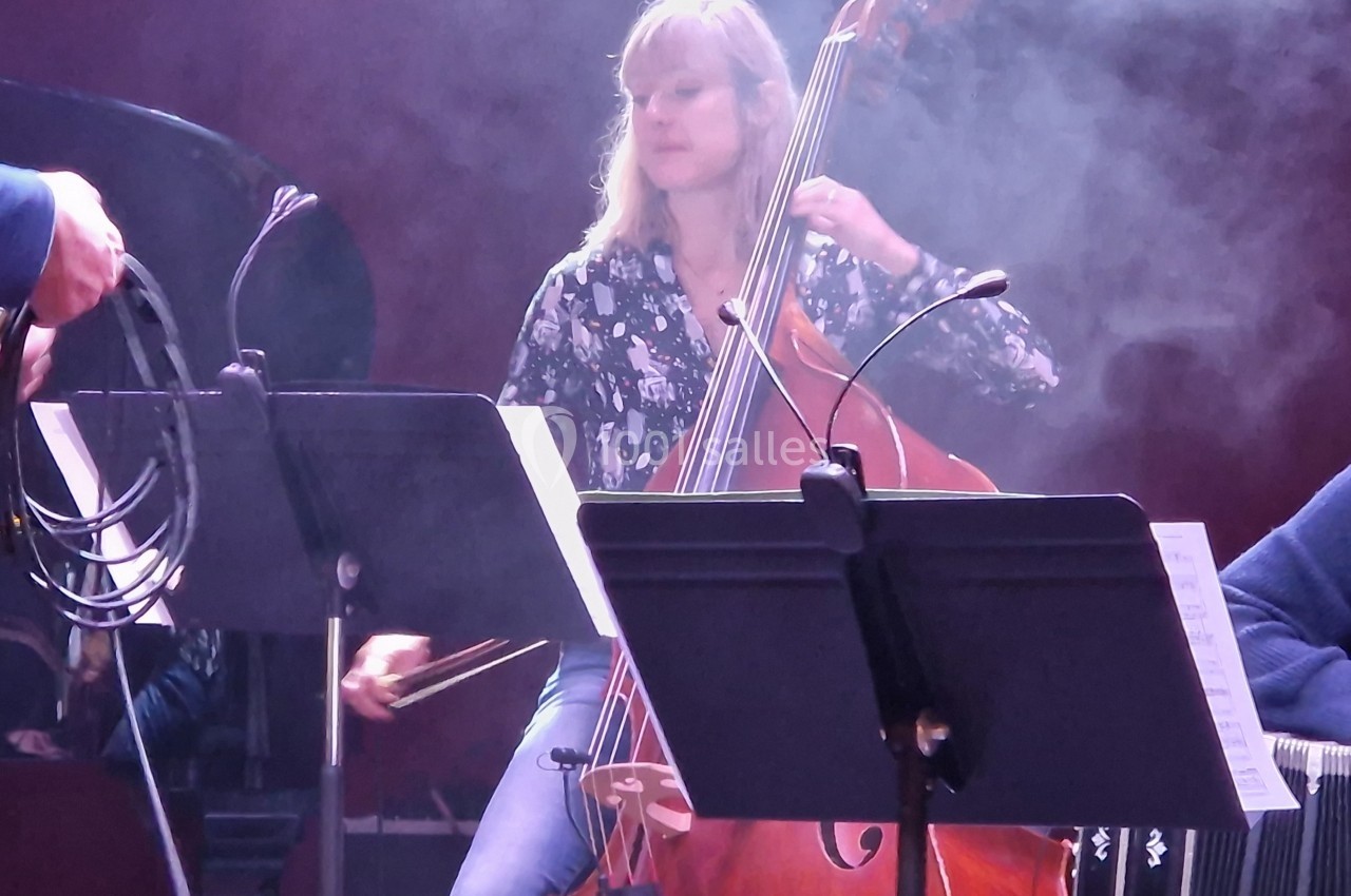 Une musicienne joue de la contrebasse sur une scène enveloppée de fumée, avec des partitions devant elle.