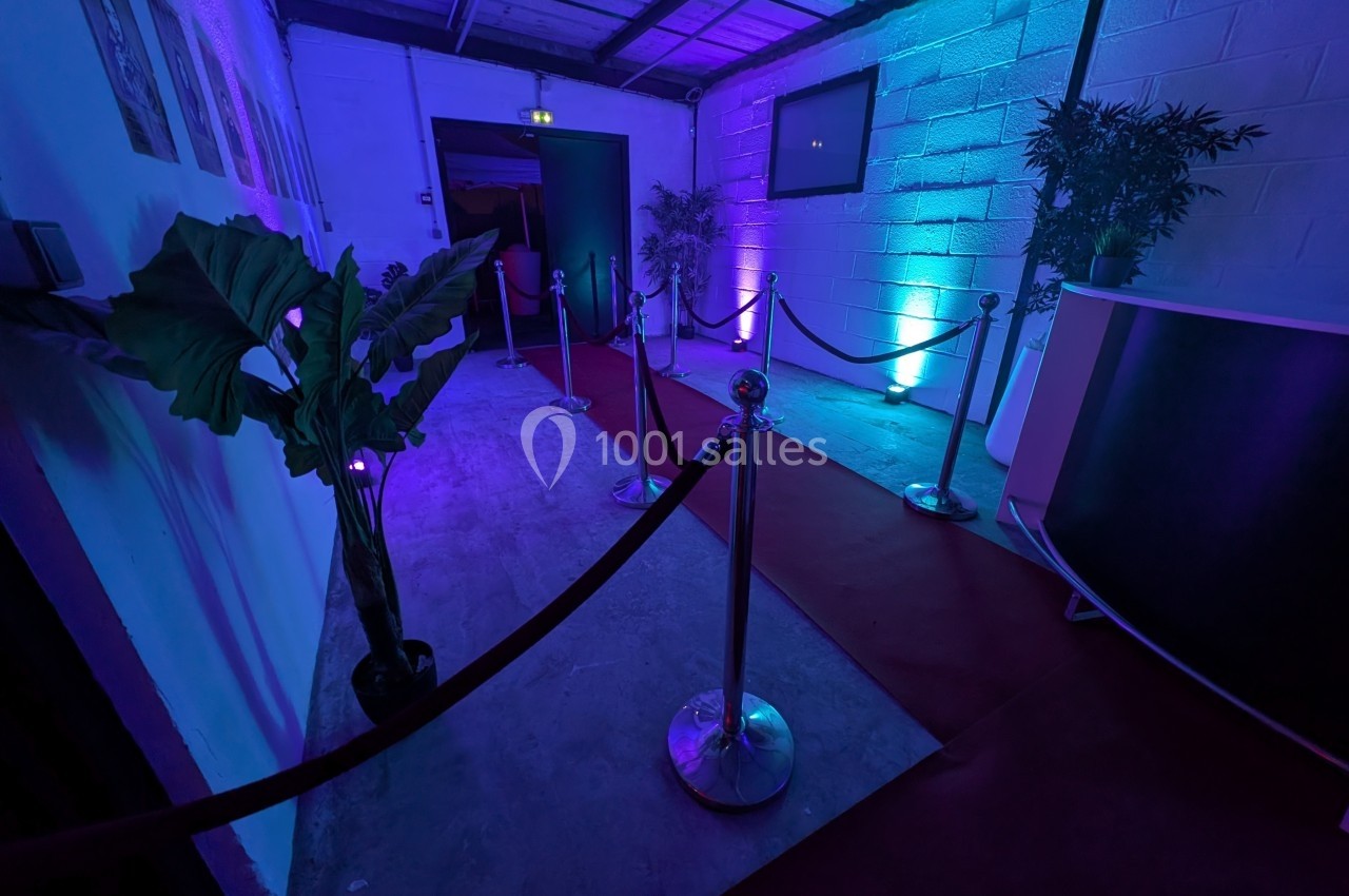 Couloir avec tapis rouge, poteaux à cordons, éclairage bleu et violet, plantes décoratives et mur blanc.