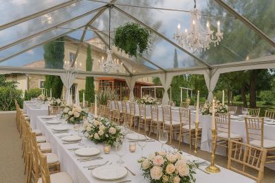 Miniature Location salle Sommières (Gard) - Domaine de l’Estelou #36 Grande table dressée en extérieur avec des chaises en bois, sous une pergola illuminée de lumières violettes, devant un…