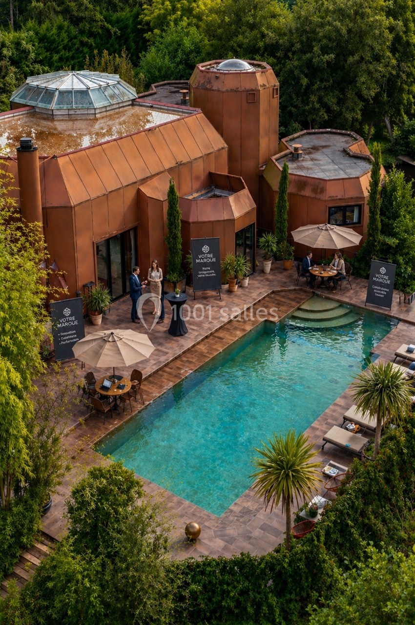 Vue aérienne d'une maison moderne en cuivre avec une piscine entourée de végétation et de terrasses aménagées.