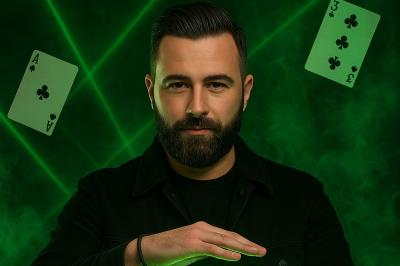Un homme barbu pose devant un fond vert avec des cartes de trèfle flottant et des faisceaux lumineux.