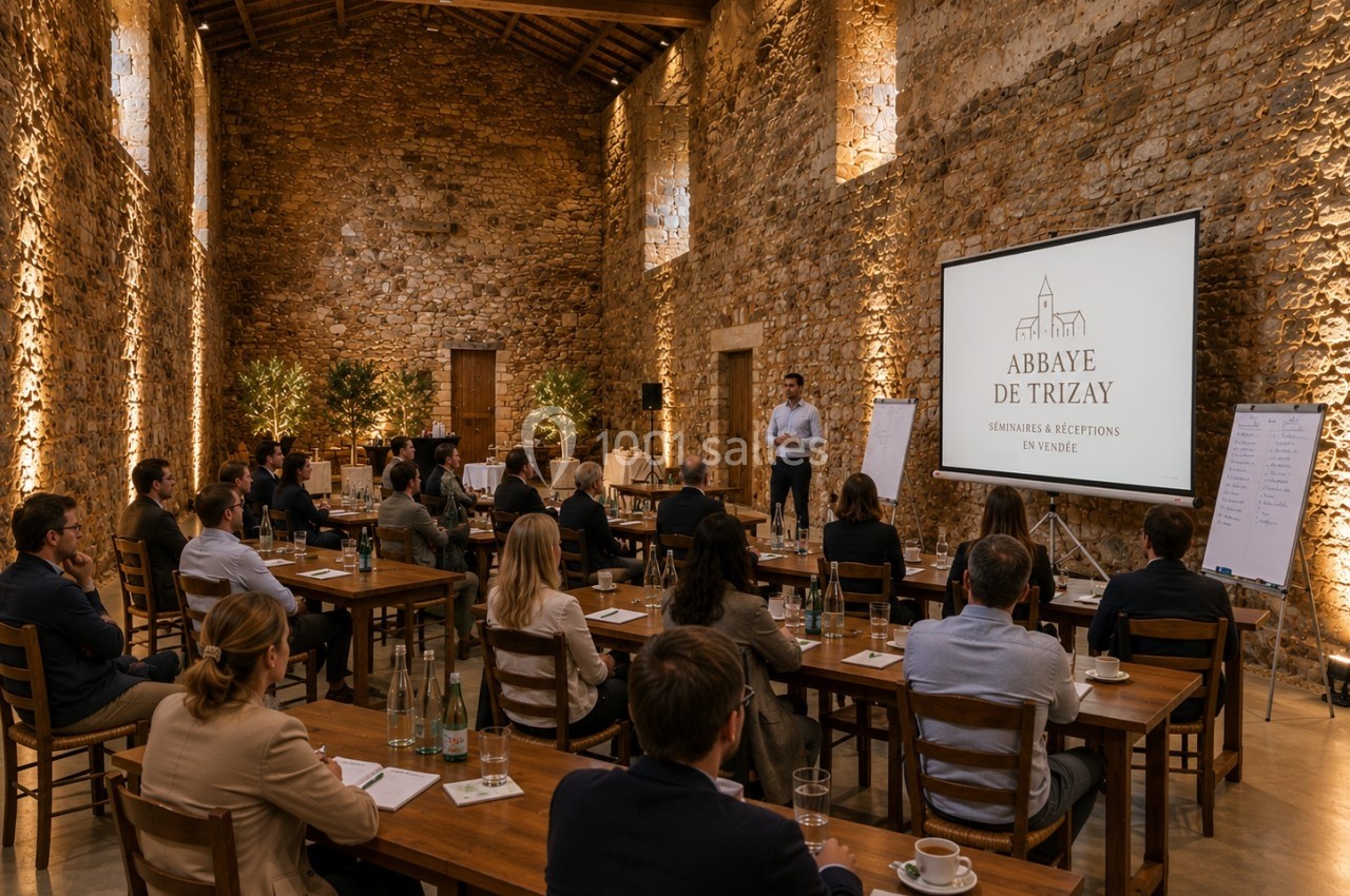 Salle en pierre avec participants assis à des tables, écoutant un intervenant devant un écran de présentation.