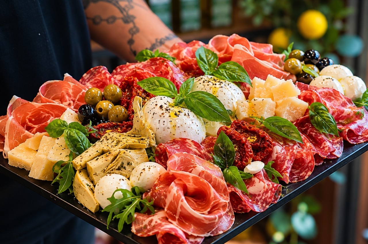 Plateau de charcuterie et fromages avec burrata, olives, artichauts et basilic, tenu par une personne en arrière-plan flou.