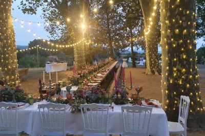 Chambre avec lit double bleu, tête de lit en rotin, décoration sobre et tableau représentant un ponton sur la mer.