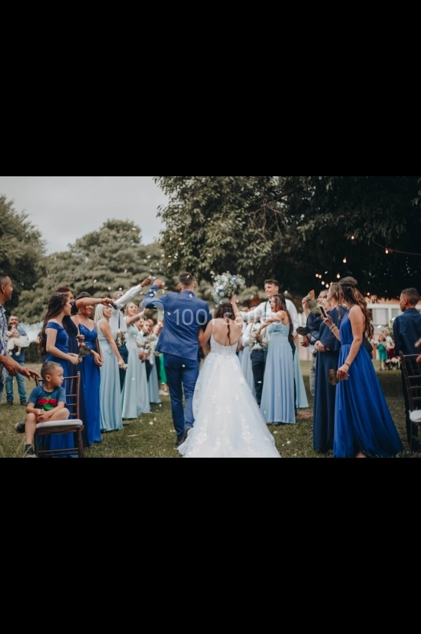 Un couple en tenue de mariage marche dans un jardin, entouré d'invités habillés en bleu.