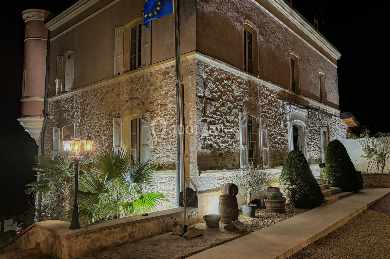 Bâtiment en pierre éclairé de nuit, drapeau européen flottant, végétation et lampadaire au premier plan.